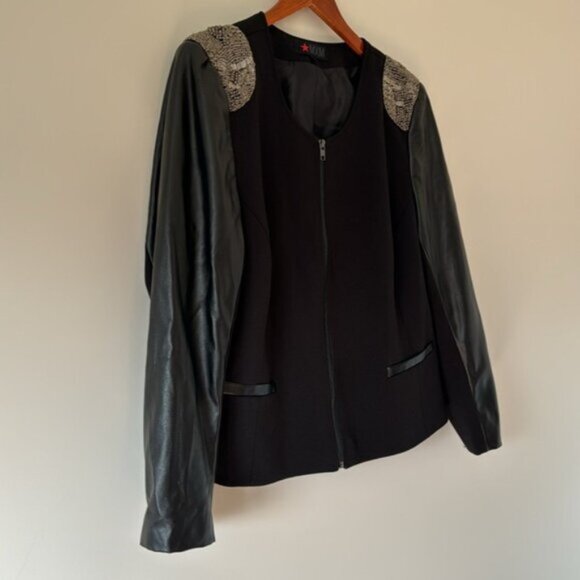 MXM Women Black Beaded Shoulders Faux Leather Blazer Jacket Plus Size 18 - Picture 3 of 13